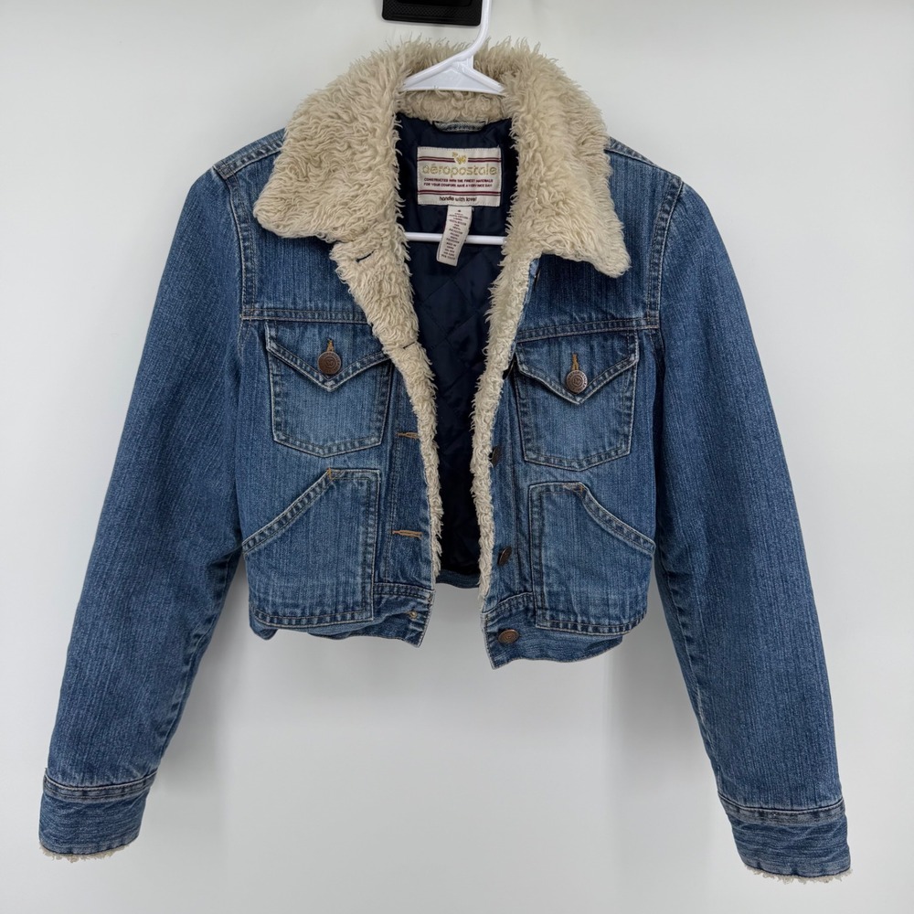 Aeropostale Womens Cropped Denim Trucker Jacket Faux Shearling Collar Blue S